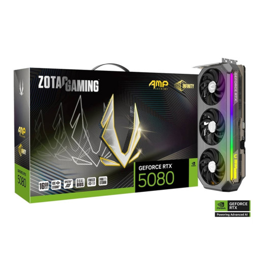 ZOTAC GAMING GeForce RTX 5080 AMP INFINITY Graphics Card, 16GB GDDR7 256-Bit Memory, 2670MHz Engine Clock, 30 Gbps Memory Clock, 10752 CUDA Cores, PCI Express 5.0 x16 | ZT-B50800B-10P